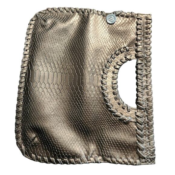 Big Buddha Snake Skin Foldover Whipstitch Metallic Clutch Purse - Picture 3 of 6